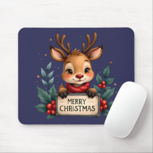 Süßes Weihnachtsrentier mit Stechpalme und Schild Mousepad