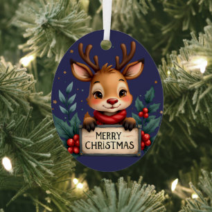 Süßes Weihnachtsrentier mit Stechpalme und Schild Ornament Aus Metall