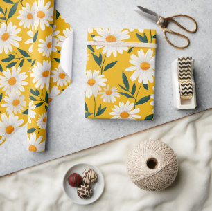 Süßes Weißes Gelbes Gänseblümchen Florales Kunstmu Geschenkpapier