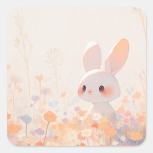 Süßes weißes Kaninchen in Pastellrosa Wildblumen Quadratischer Aufkleber