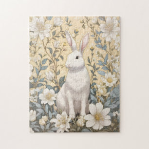 Süßes weißes Kaninchen Pastellgelbe Blumen Puzzle