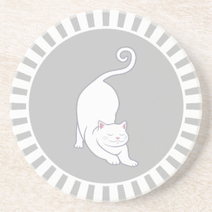 Süßes weißes Kätzchen auf grau-weißem Untersetzer