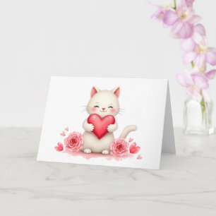 Süßes weißes Kätzchen mit rotem Herz Valentinstag  Karte