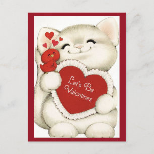 Süßes weißes Kätzchen & roter Vogel Vintage-Valent Postkarte