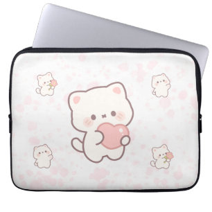 Süßes weißes Katzenmuster – Kawaii-Herzen und Blum Laptopschutzhülle
