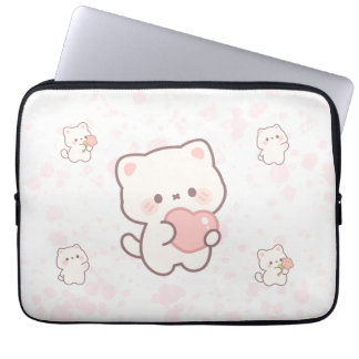 Süßes weißes Katzenmuster – Kawaii-Herzen und Blum Laptopschutzhülle