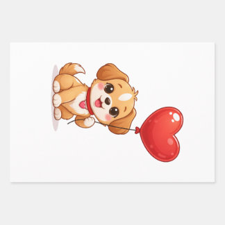 Süßes Welpen-Herz-Ballon Valentinstag Design Geschenkpapier Set
