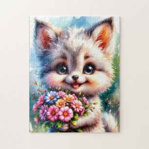 Süßes Welpen-Puzzle mit Blumen Puzzle