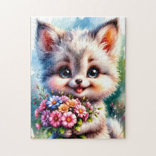 Süßes Welpen-Puzzle mit Blumen Puzzle (Vertikal)