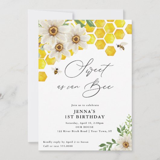 Süßes wie Can Bee, Honey Bee und Daisies Geburtsta Einladung (Vorderseite)