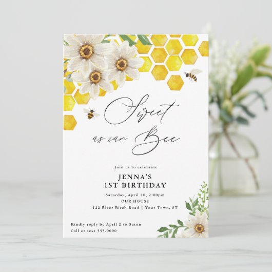 Süßes wie Can Bee, Honey Bee und Daisies Geburtsta Einladung (Stehend Vorderseite)