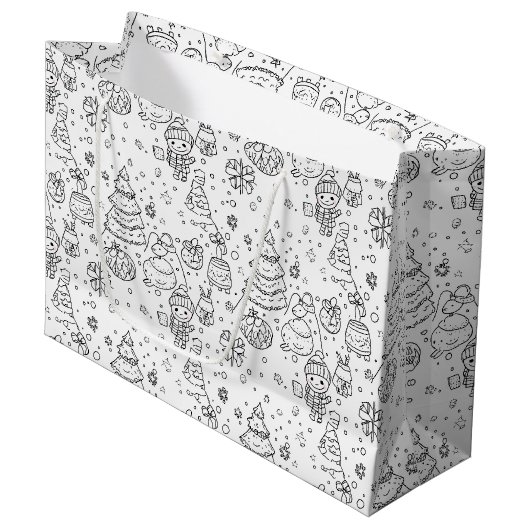 Süßes Winter-Weihnachts-Doodle-Muster (3) Große Geschenktüte (Vorderseite Schrägansicht)