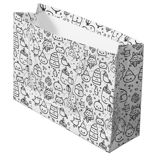 Süßes Winter-Weihnachts-Doodle-Muster (6) Große Geschenktüte (Vorderseite Schrägansicht)