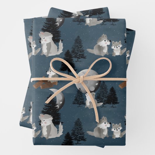 Süßes Wolfsrudel Wald Nacht Himmel Mond Geschenkpapier Set (Beispiel)