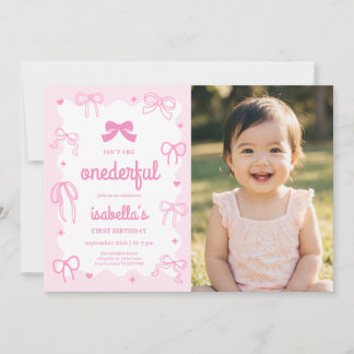 Süßes Wunderbares Mädchen Foto Schleife 1. Geburts Einladung