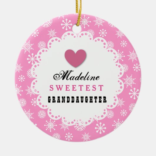 Süßestes Enkelin-Rosa-weiße Schneeflocken C14 Keramik Ornament (Vorne)