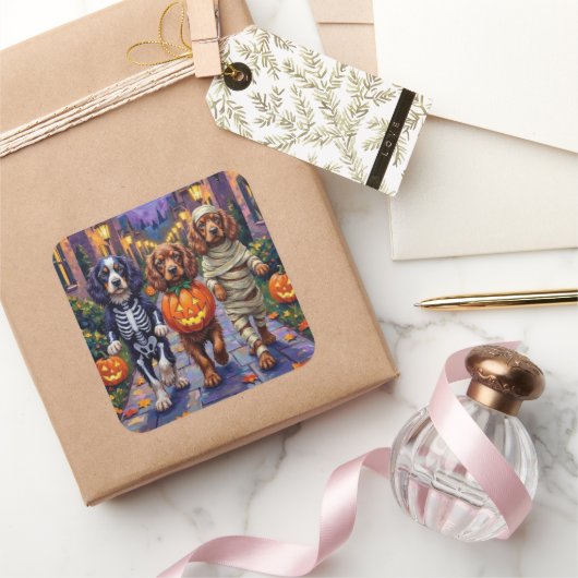 Sussex Spaniel Dogs in Halloween Costumes Quadratischer Aufkleber (Schenken)