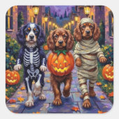 Sussex Spaniel Dogs in Halloween Costumes Quadratischer Aufkleber (Vorderseite)