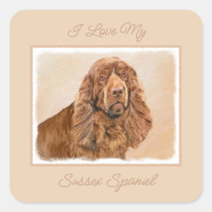 Sussex Spaniel Painting - Cute Original Dog Art Sq Quadratischer Aufkleber
