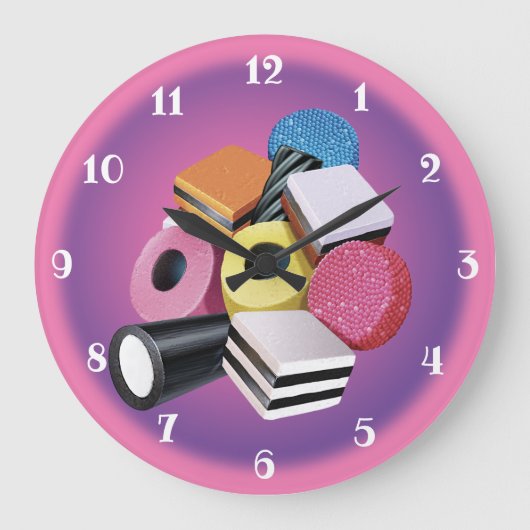 Süßigkeit Allsorts. Große Wanduhr. Rosa u. Purpur Wanduhr (Vorderseite)