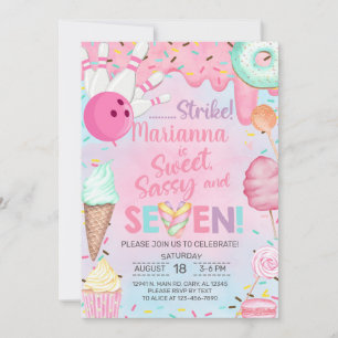 Süßigkeiten, Bonbons und Bowling Mädchen 7. Geburt Einladung