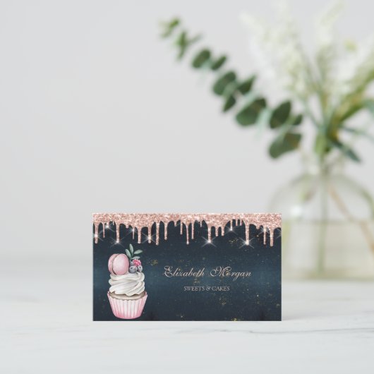 Süßigkeiten Cupcake Macaroon Rose Gold Tropfen Dun Visitenkarte (Stehend Vorderseite)