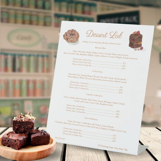 Süßigkeiten der Bäckerei Brownie Cookie Preis Menü Sockelschild