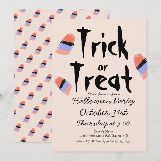 Süßigkeiten-Kostüm-Skizze zum Trick or Treat Einladung (Vorne/Hinten)