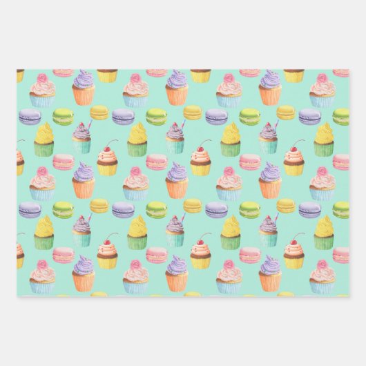 Süßigkeiten-Muster Cupcakes und Macaros Geschenkpapier Set (Vorderseite 3)