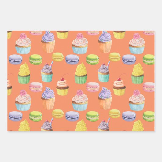 Süßigkeiten-Muster Cupcakes und Macaros Geschenkpapier Set (Vorderseite 2)