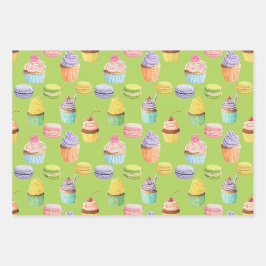 Süßigkeiten-Muster Cupcakes und Macaros Geschenkpapier Set (Vorderseite)
