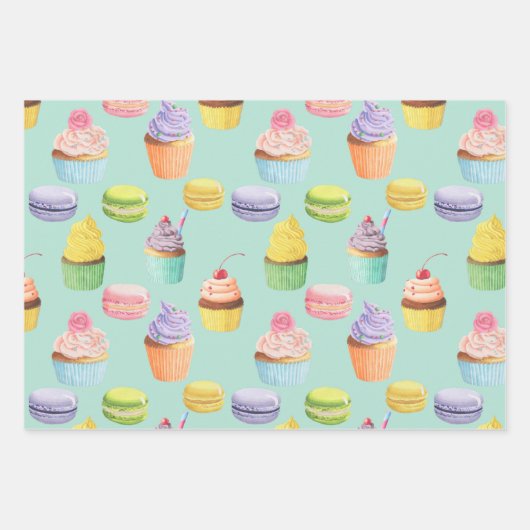 Süßigkeiten-Muster Cupcakes und Macaros Geschenkpapier Set (Vorderseite 3)