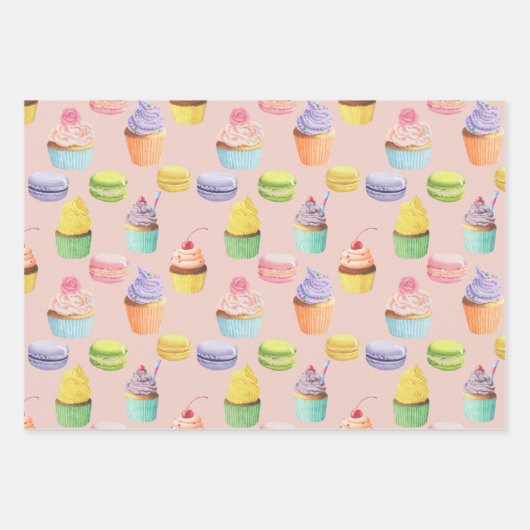 Süßigkeiten-Muster Cupcakes und Macaros Geschenkpapier Set (Vorderseite 2)