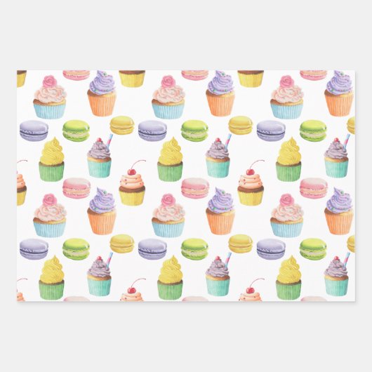 Süßigkeiten-Muster Cupcakes und Macaros Geschenkpapier Set (Vorderseite)