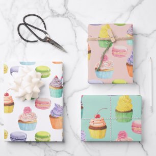 Süßigkeiten-Muster Cupcakes und Macaros Geschenkpapier Set