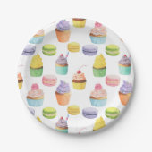 Süßigkeiten-Muster Cupcakes und Macaros Pappteller (Vorderseite)
