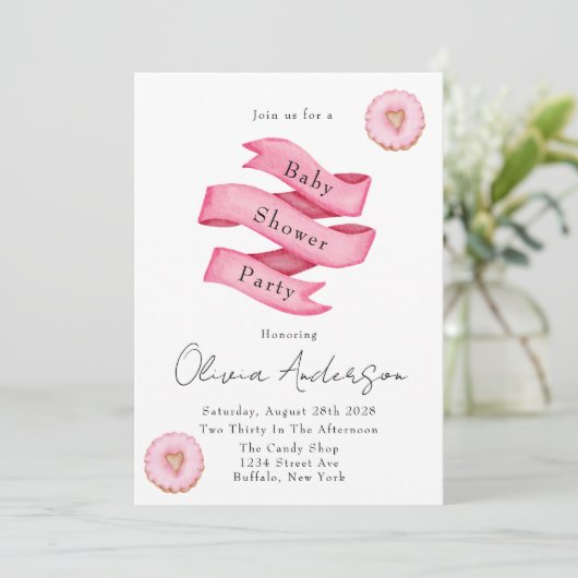 Süßigkeiten Rosa Banner Donuts Baby Dusche Party Einladung (Stehend Vorderseite)