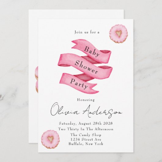 Süßigkeiten Rosa Banner Donuts Baby Dusche Party Einladung (Vorne/Hinten)