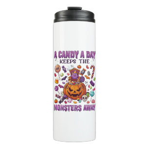 Süßigkeiten-Tag hält Monster Halloween-Kürbis fern Thermosbecher