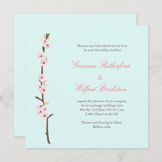 Süßkirsche Zweig in blass blau Einladung (Vorne/Hinten)