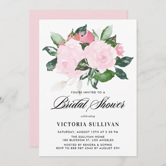 Süßrosa Rose Brautparty Einladung (Vorne/Hinten)