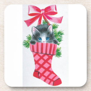Süßster Jahrgang Weihnachten Kitten in einem Strum Getränkeuntersetzer