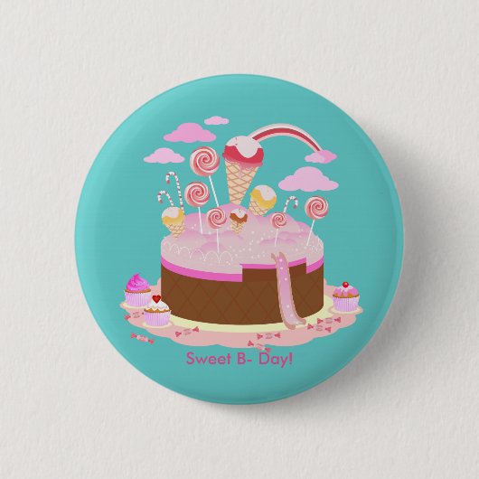 Süßwaren und Schokoladenkuchen zum Geburtstag Button (Vorderseite)