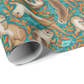 Süßwasserschwimmer in Aquamarin und Orange Gouache Geschenkpapier (Rolleneckpunkt)