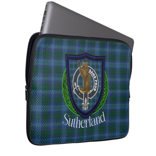 Sutherland Scottish Clan Tartan and Crest  Laptopschutzhülle (Vorne Rechts)