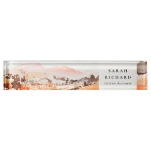 Sutle Blush Orange Aquarell-Wälder Berg  Namensplakette