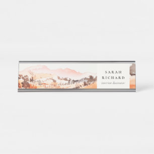 Sutle Blush Orange Aquarell-Wälder Berg  Schreibtischnamensplakette