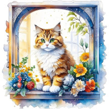 Whimsical Cat Sitting in Window full of Flowers