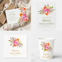 Pink and Orange Watercolor Bouquet Bridal Shower