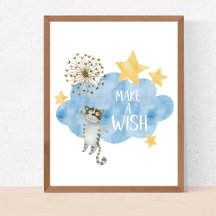 Make A Wish Cat Dandelion Stars Watercolor